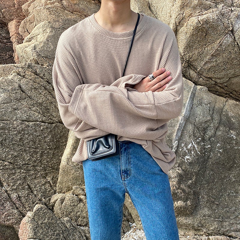 Myq Waffle Long-Sleeved T-Shirt Korean Style Fashionable Ins Round Neck Loose Sweater Base Shirt For Men - Image 3