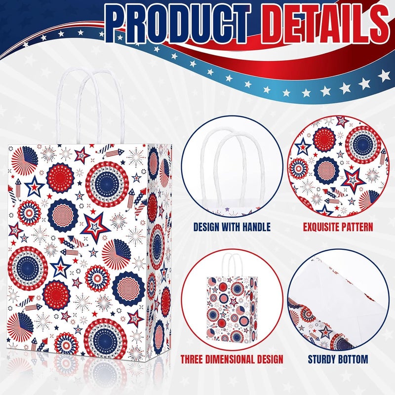Glenmal حقائب هدايا جلينمال 24 قطعة لعيد الاستقلال 4 يوليو مع مقبض باللون الأحمر والأزرق والأبيض علم أمريكا ورق حلوى حقائب جيدة للتغليف لذكرى يوم الاستقلال - Image 4