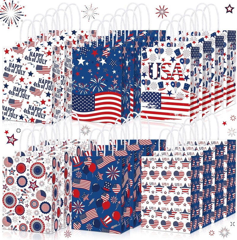 Glenmal حقائب هدايا جلينمال 24 قطعة لعيد الاستقلال 4 يوليو مع مقبض باللون الأحمر والأزرق والأبيض علم أمريكا ورق حلوى حقائب جيدة للتغليف لذكرى يوم الاستقلال - Image 1