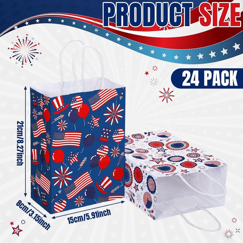 Glenmal حقائب هدايا جلينمال 24 قطعة لعيد الاستقلال 4 يوليو مع مقبض باللون الأحمر والأزرق والأبيض علم أمريكا ورق حلوى حقائب جيدة للتغليف لذكرى يوم الاستقلال - Image 2