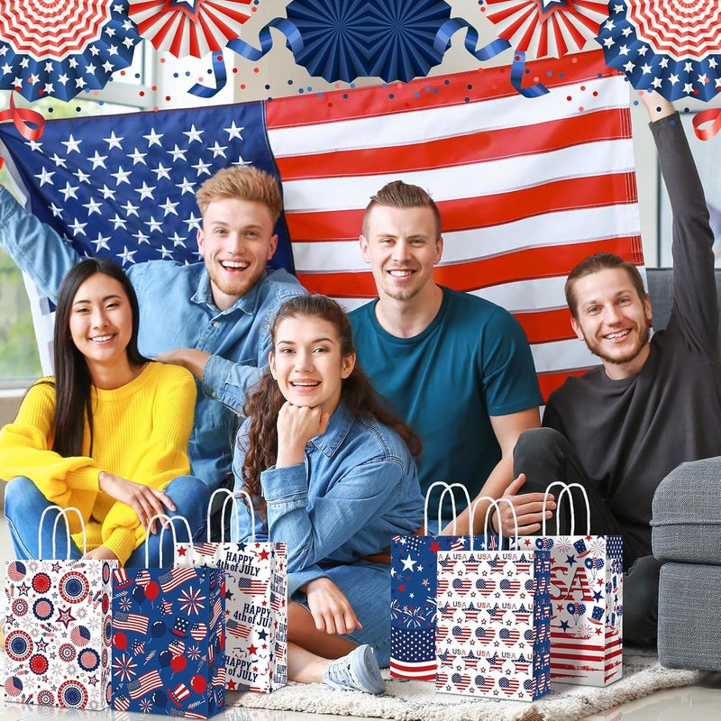 Glenmal حقائب هدايا جلينمال 24 قطعة لعيد الاستقلال 4 يوليو مع مقبض باللون الأحمر والأزرق والأبيض علم أمريكا ورق حلوى حقائب جيدة للتغليف لذكرى يوم الاستقلال - Image 5