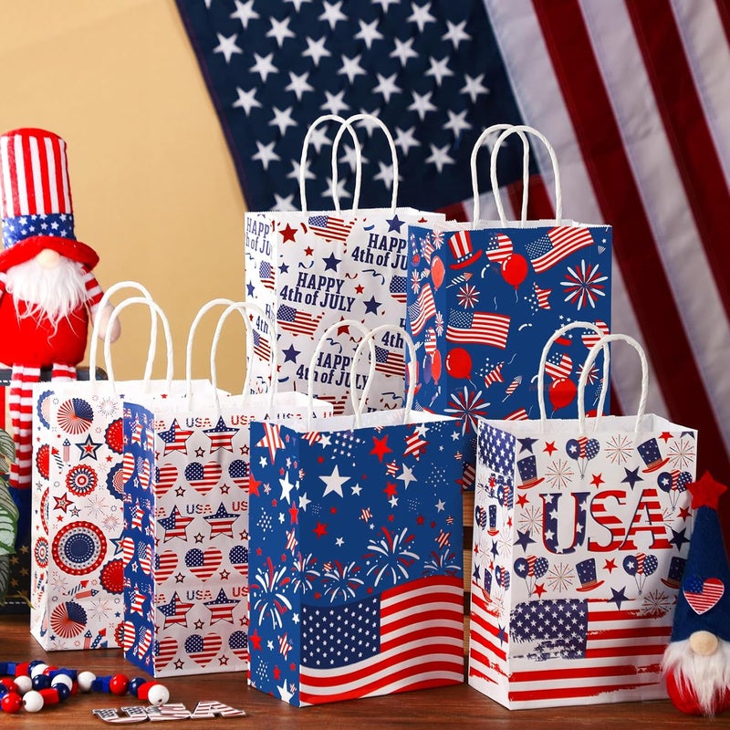 Glenmal حقائب هدايا جلينمال 24 قطعة لعيد الاستقلال 4 يوليو مع مقبض باللون الأحمر والأزرق والأبيض علم أمريكا ورق حلوى حقائب جيدة للتغليف لذكرى يوم الاستقلال - Image 3