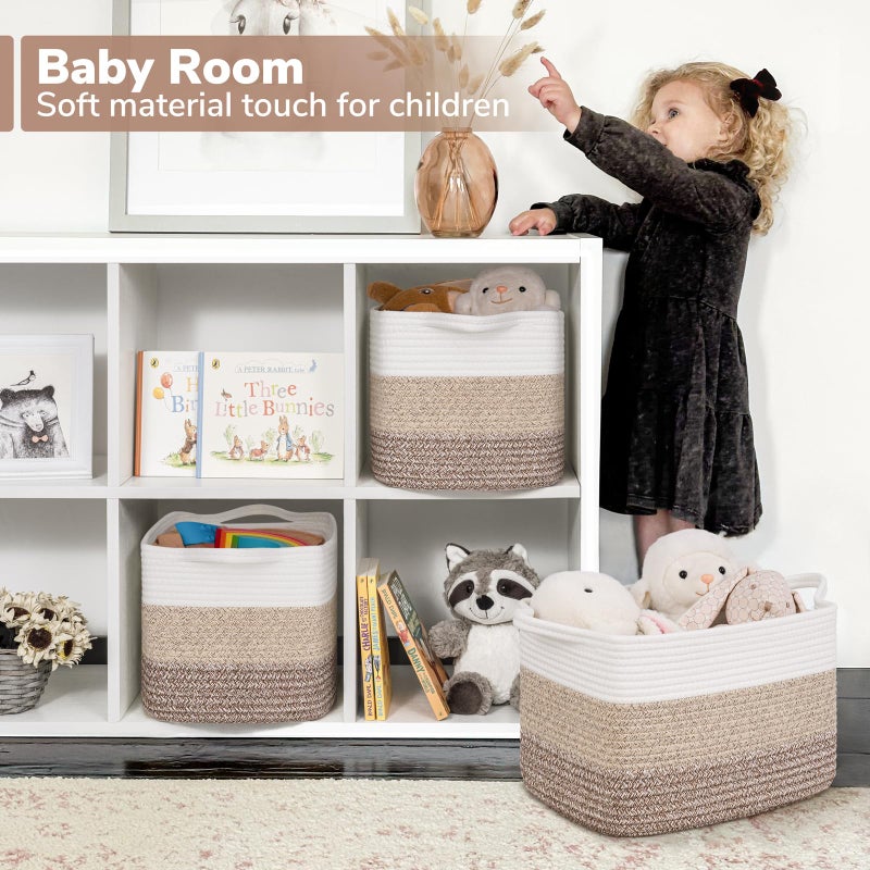 Goodpick Woven Storage Basket, 13"x10"x9" Cotton Rope Organizer for Dog Toys, Books, Stylish Gift Basket with Handles, Small Laundry Baskets for Shelves, Gradient Brown - Image 3