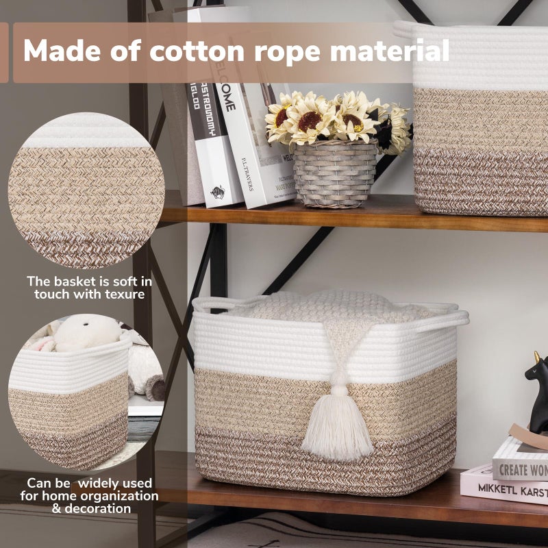 Goodpick Woven Storage Basket, 13"x10"x9" Cotton Rope Organizer for Dog Toys, Books, Stylish Gift Basket with Handles, Small Laundry Baskets for Shelves, Gradient Brown - Image 4