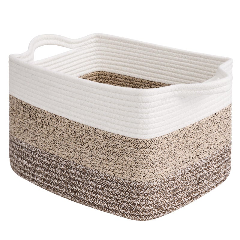 Goodpick Woven Storage Basket, 13"x10"x9" Cotton Rope Organizer for Dog Toys, Books, Stylish Gift Basket with Handles, Small Laundry Baskets for Shelves, Gradient Brown - Image 1