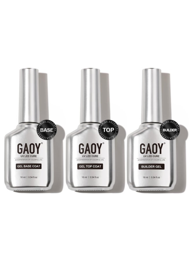 GAOY Gel Top Coat Builder Gel and Base Coat Set 3 Pcs 16ml Clear Glossy No Wipe Combination for UV Light Cure - Image 2