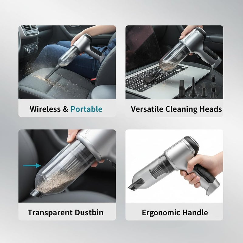 LinJie Handheld Vacuums, 12000pa Car Vacuum Cleaner,Electric Air Duster, 3 in 1 Mini Handheld Vacuum Cleaner,Lightweight Design with Digital Display,For Car Home Carpet Stairs Pet Hair Cleaning Grey - Image 3