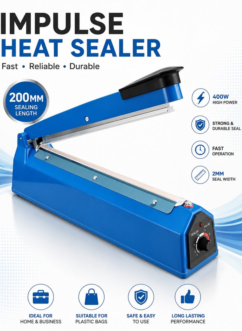 جهاز لحام الأكياس الحراري (Impulse Sealer) - موديل 1390 - بقوة 400 واط وطول لحام 200 مم، جهاز يدوي للحام الأكياس البلاستيكية (PE وPP) بعرض لحام 2 مم، يعمل بجهد 220-240 فولت. - Image 1