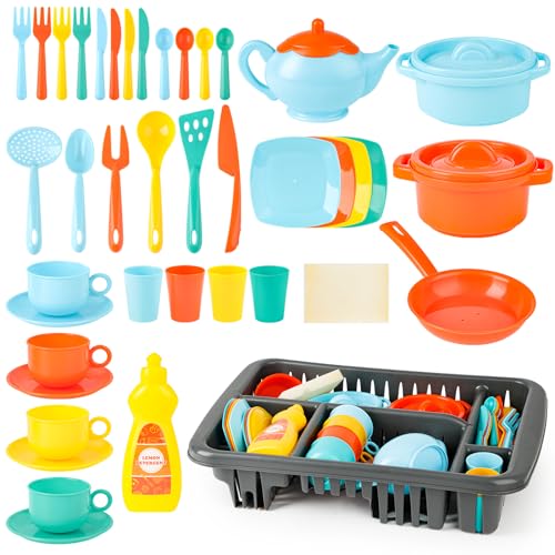 deAO Dinnerware Set for Kitchens Toys Drainer Set with Sponge Plates Cutlery Cutlery Pots  Over 40 Kitchen Accessories for Kids - Image 1