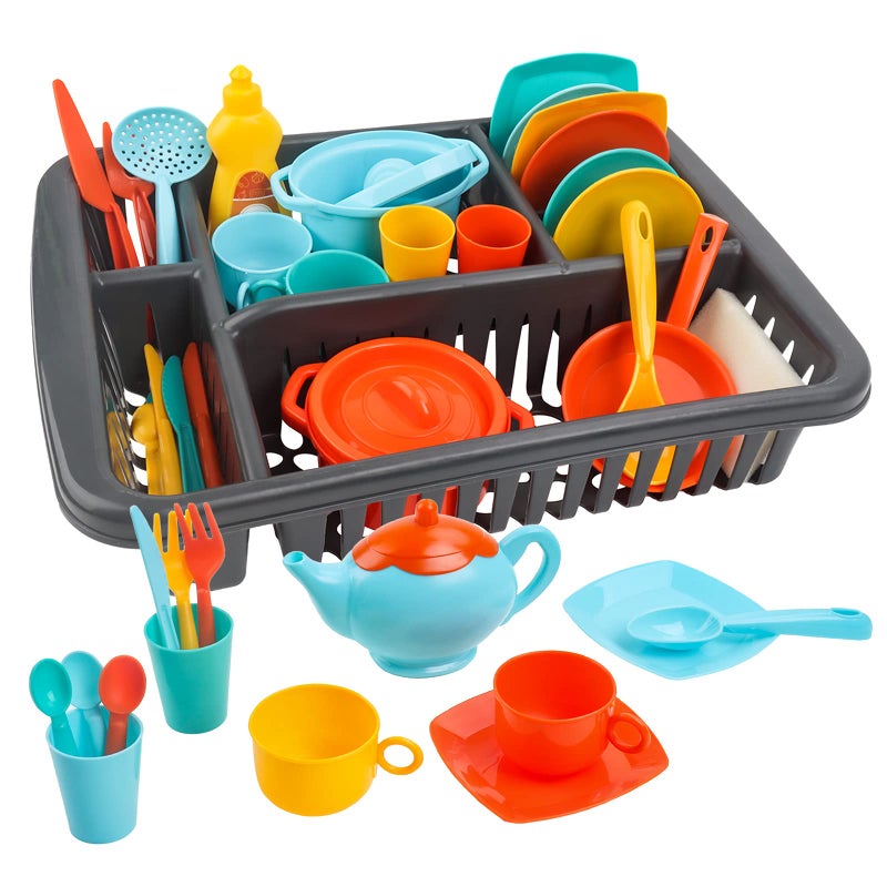 deAO Dinnerware Set for Kitchens Toys Drainer Set with Sponge Plates Cutlery Cutlery Pots  Over 40 Kitchen Accessories for Kids - Image 3
