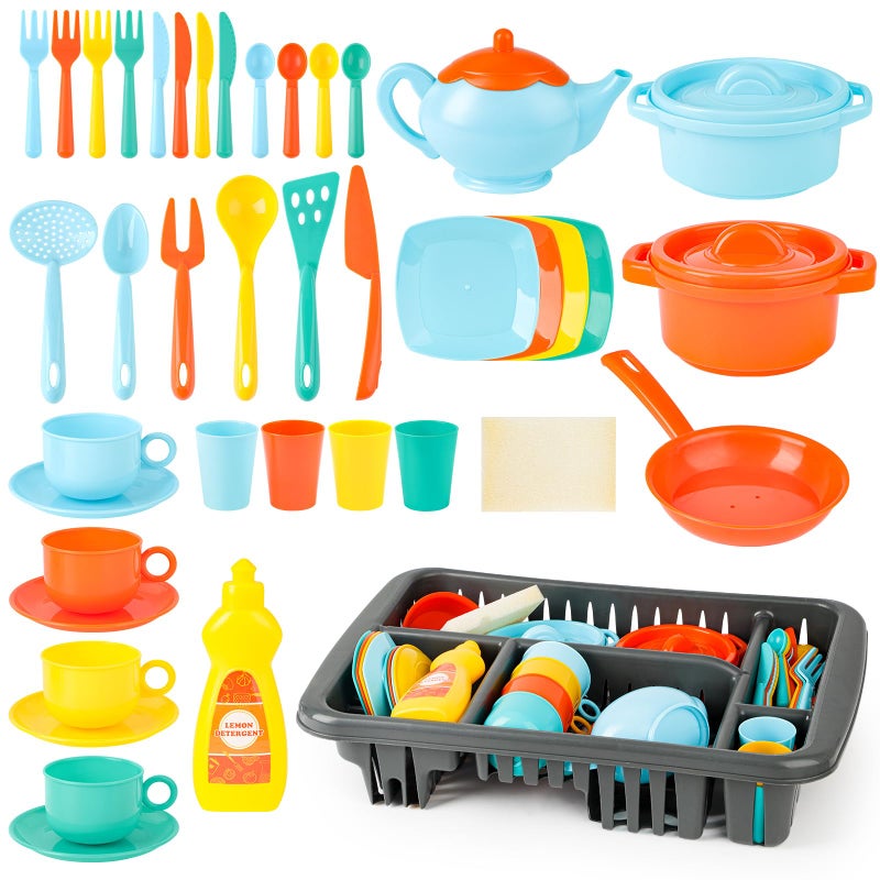 deAO Dinnerware Set for Kitchens Toys Drainer Set with Sponge Plates Cutlery Cutlery Pots  Over 40 Kitchen Accessories for Kids - Image 2