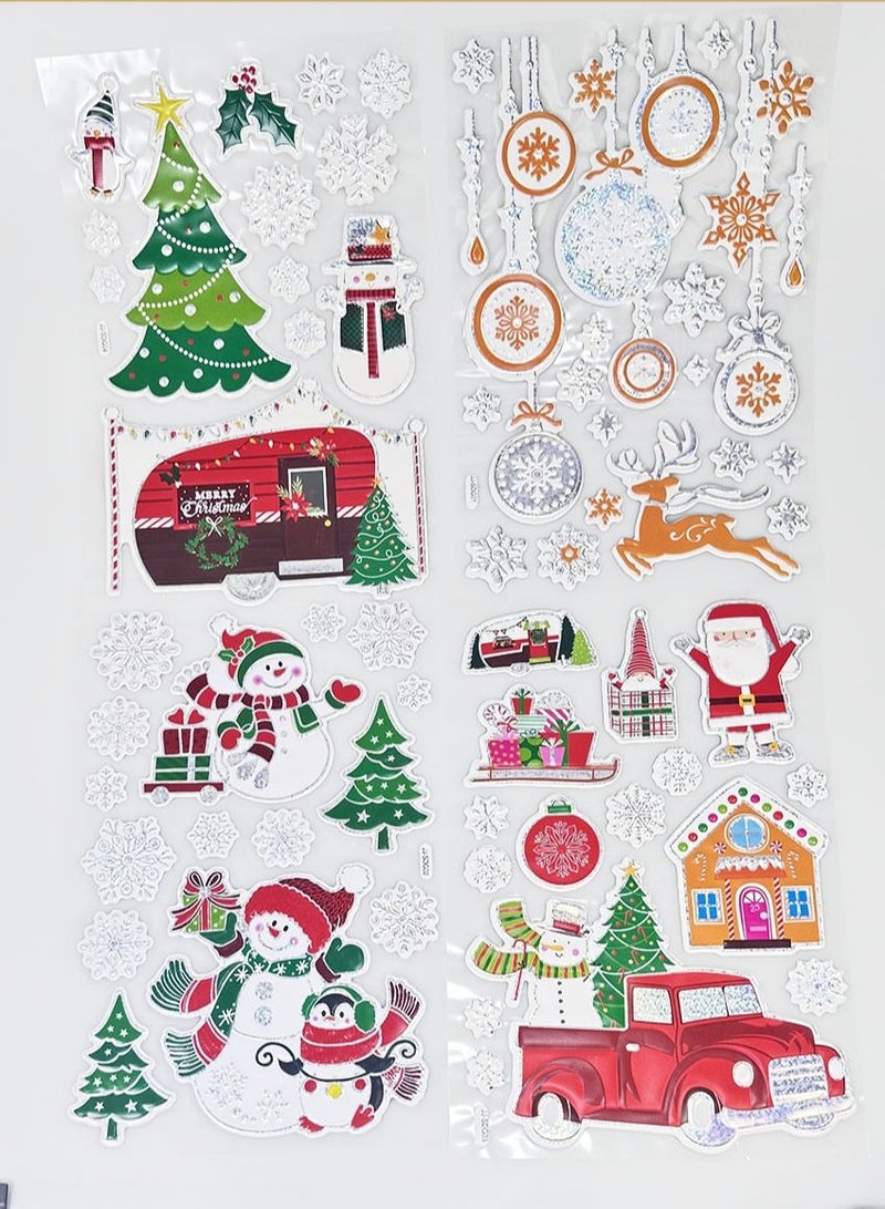 YOMA 4 Sheets Reusable Christmas Window Stickers, Christmas Window Stickers, Snowflake Stickers, Snowflake Reindeer Santa Claus Double Sided Removable Static Stickers - Image 1