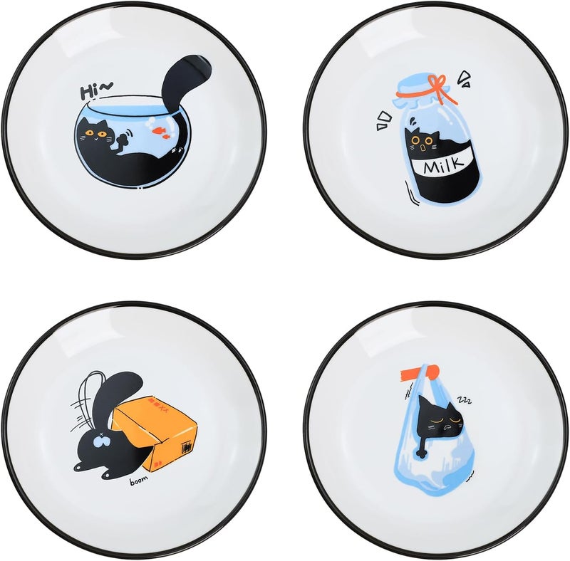 SOCOSY Cute Naughty Black Cats Pattern Ceramic Seasoning Dishes Sauce Dish Sushi Dipping Bowl Appetizer Plates Tea Bag Holder Serving Dish for Kitchen 5 Inch Set of 4  - Image 1