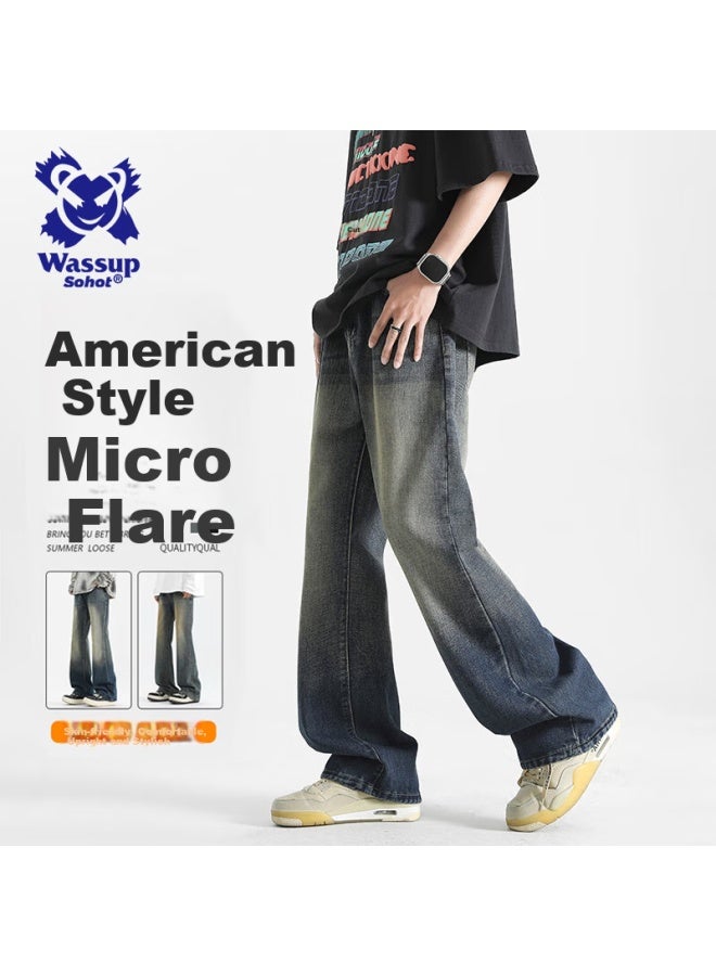 Wassup Sohot American-style Jeans For Men, High Street Straight-leg Pants, Slim-fit With Slight Flare For Heightening Effect, Vintage Blue, Size S - Image 1