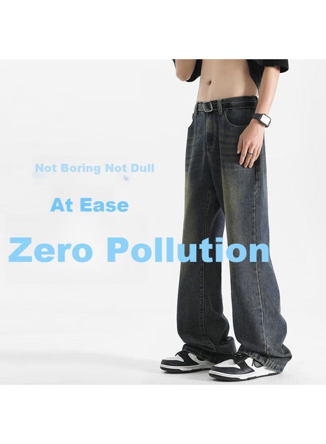 Wassup Sohot American-style Jeans For Men, High Street Straight-leg Pants, Slim-fit With Slight Flare For Heightening Effect, Vintage Blue, Size S - Image 3