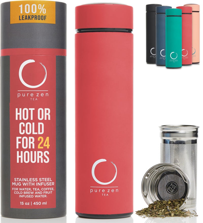 Pure Zen Tea Thermos with Infuser for Hot and Cold Infusions - Stainless Steel - Tea Infuser Bottle - Leakproof Travel Mug with Filter - 15oz - Red - Image 1