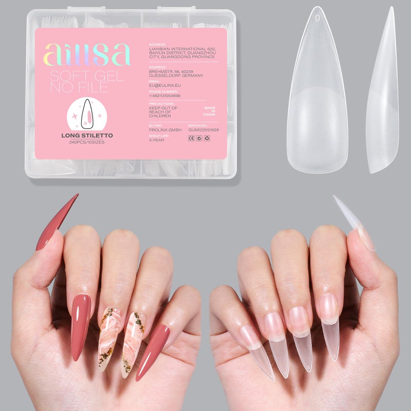 AILLSA Long Stiletto Nail Tips Upgraded Matte Gel Full Cover Nails Tips No Filed 240Pcs Preshaped Gelly Tips Acrylic Clear False Press On Soft Nail Tip for Soak Off Nail Extension 10 Sizes - Image 2