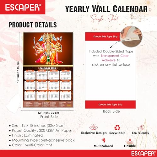 ESCAPER Panch Mukhi Hanuman Ji Religious Wall Calendar 2026 – 12 x 18 Inch, Laminated Hindu Calendar with Indian Holidays, Spiritual Wall Decor for Home, Office & Temple - Image 4