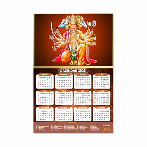 ESCAPER Panch Mukhi Hanuman Ji Religious Wall Calendar 2026 – 12 x 18 Inch, Laminated Hindu Calendar with Indian Holidays, Spiritual Wall Decor for Home, Office & Temple - Image 1