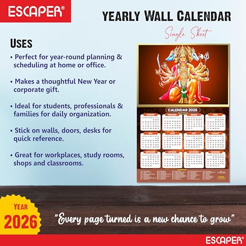 ESCAPER Panch Mukhi Hanuman Ji Religious Wall Calendar 2026 – 12 x 18 Inch, Laminated Hindu Calendar with Indian Holidays, Spiritual Wall Decor for Home, Office & Temple - Image 3