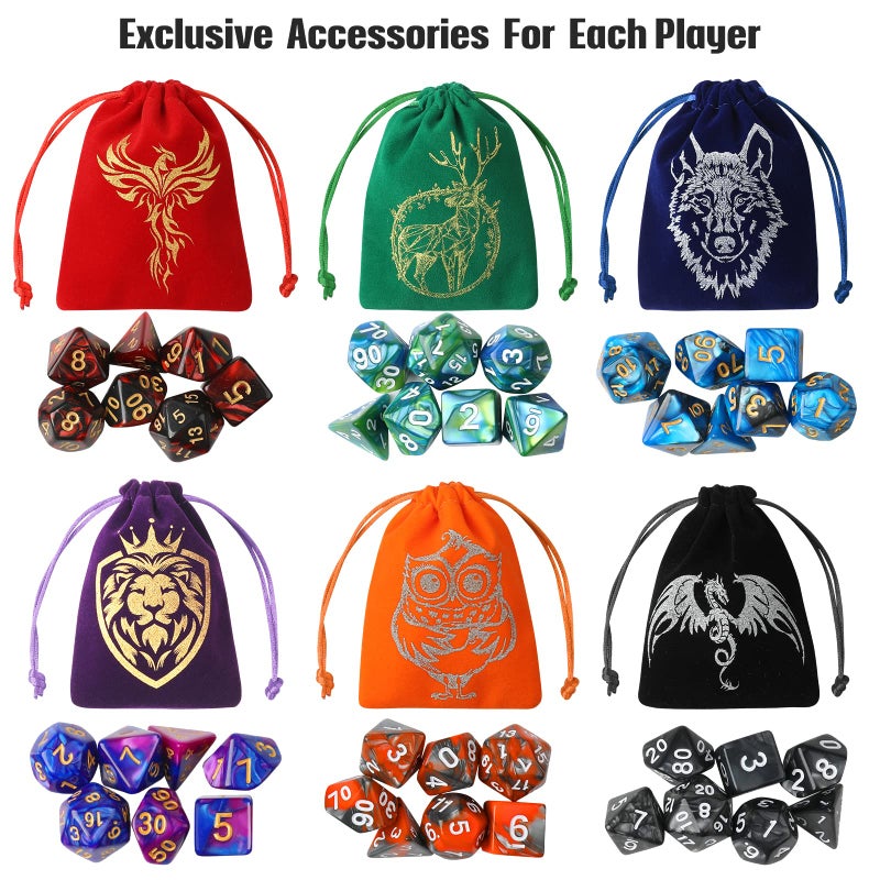 Grajar DND Dice Set, 42 Pcs polyhedral dice Set with 6 Colorful Animal Pattern Bag and PU Leather Velvet Tray for Dungeons Dragons D&D RPG MTG Table Games - Image 2