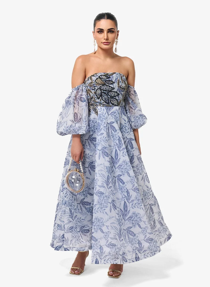 Threadz by Ajooni  Puff Sleeve Printed Off Shoulder Maxi Dress for Women | Best Price UAE