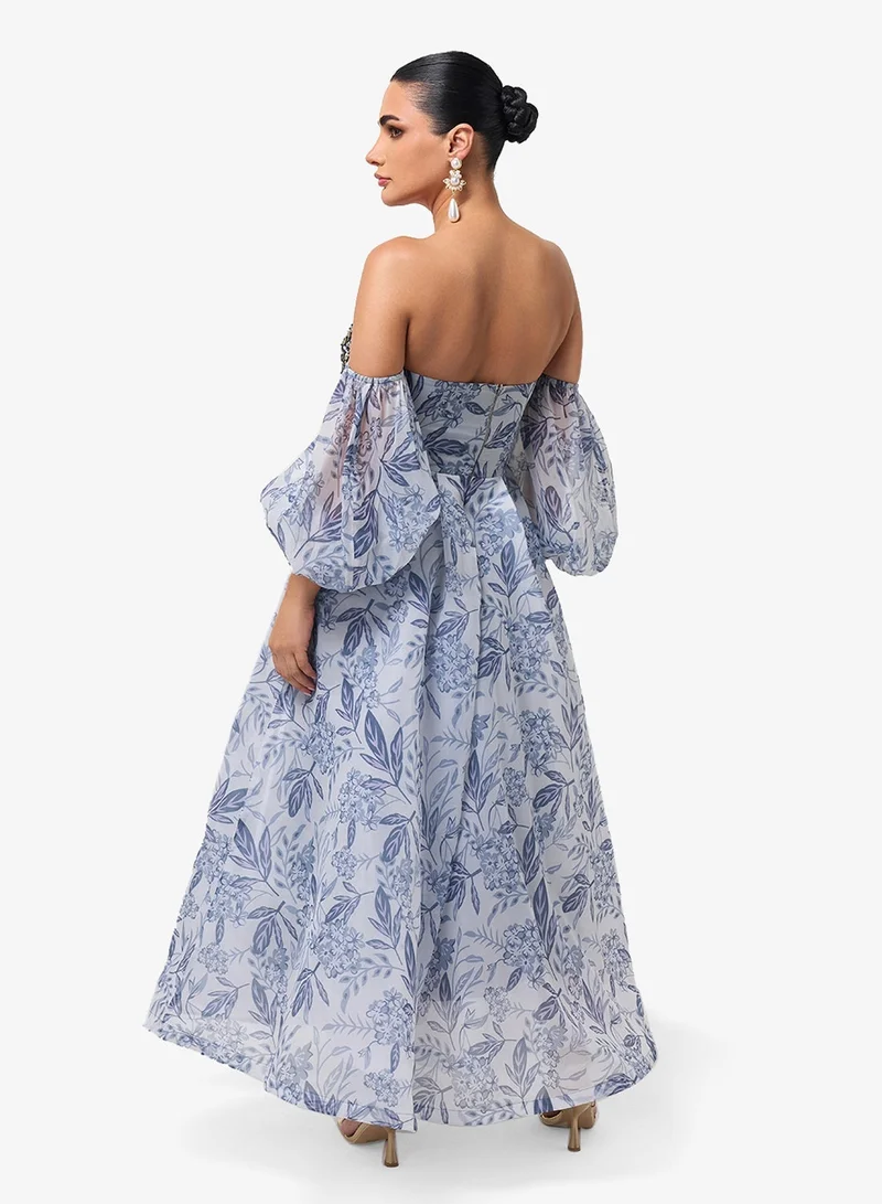 Threadz by Ajooni  Puff Sleeve Printed Off Shoulder Maxi Dress for Women | Best Price UAE