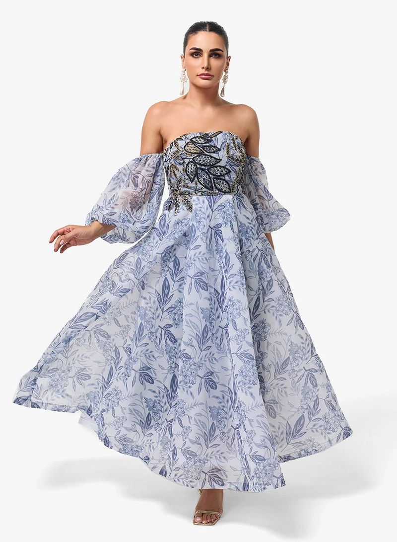 Puff Sleeve Printed Off Shoulder Maxi Dress