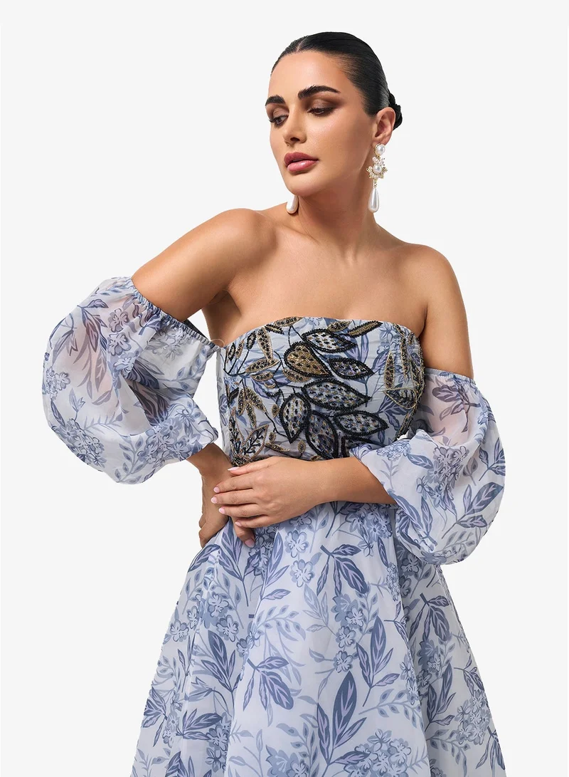 Threadz by Ajooni  Puff Sleeve Printed Off Shoulder Maxi Dress for Women | Best Price UAE