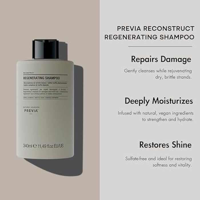 PREVIA Reconstruct Regenerating Shampoo | White Truffle & Organic Plant Extracts | Moisturizing Cleanser for Damaged, Brittle Hair | Vegan, Sulfate-Free, Eco Bio Formula | 11.5 oz - Image 2