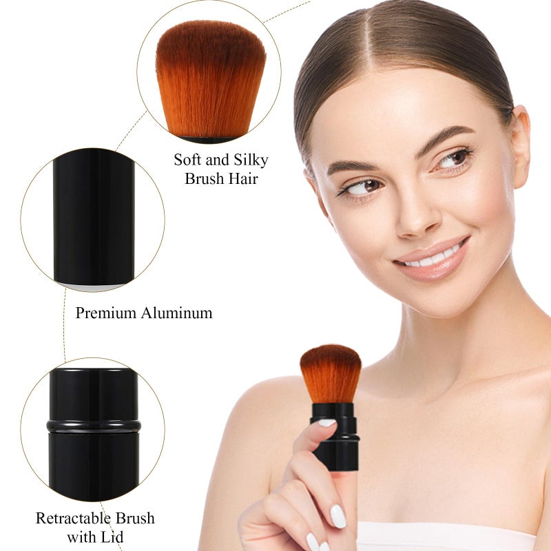 Vtrem 3 Colors Retractable Makeup Brush Travel Blush Brushes Kabuki Foundation Brush Portable Face Powder Brush Mini Makeup Brush Set with Cover, Red/Black/Brown - Image 4