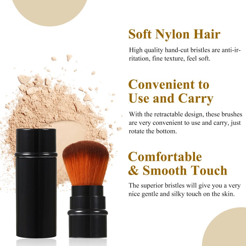 Vtrem 3 Colors Retractable Makeup Brush Travel Blush Brushes Kabuki Foundation Brush Portable Face Powder Brush Mini Makeup Brush Set with Cover, Red/Black/Brown - Image 2