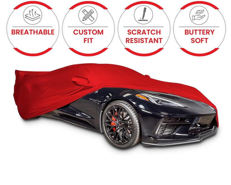 SR1 Performance C8 Corvette Custom Fit Car Cover - Indoor Ultraguard Stretch Satin - The Ultimate High End Fit for 2020-2025 Stingray, Z06, Z51, E-Ray Corvettes (Red) - Image 2