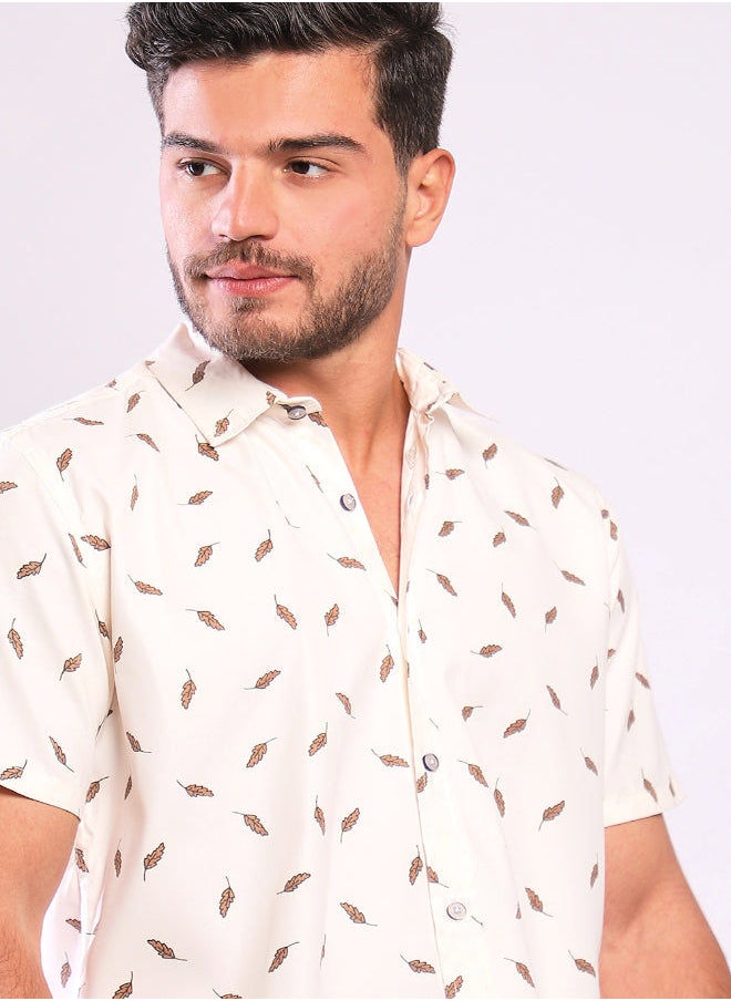 WHITE RABBIT - Brown Leaves Allover Offwhite Short Sleeves Shirt - Image 1
