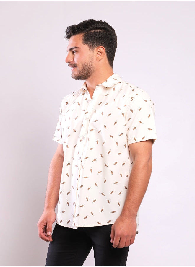 WHITE RABBIT - Brown Leaves Allover Offwhite Short Sleeves Shirt - Image 1