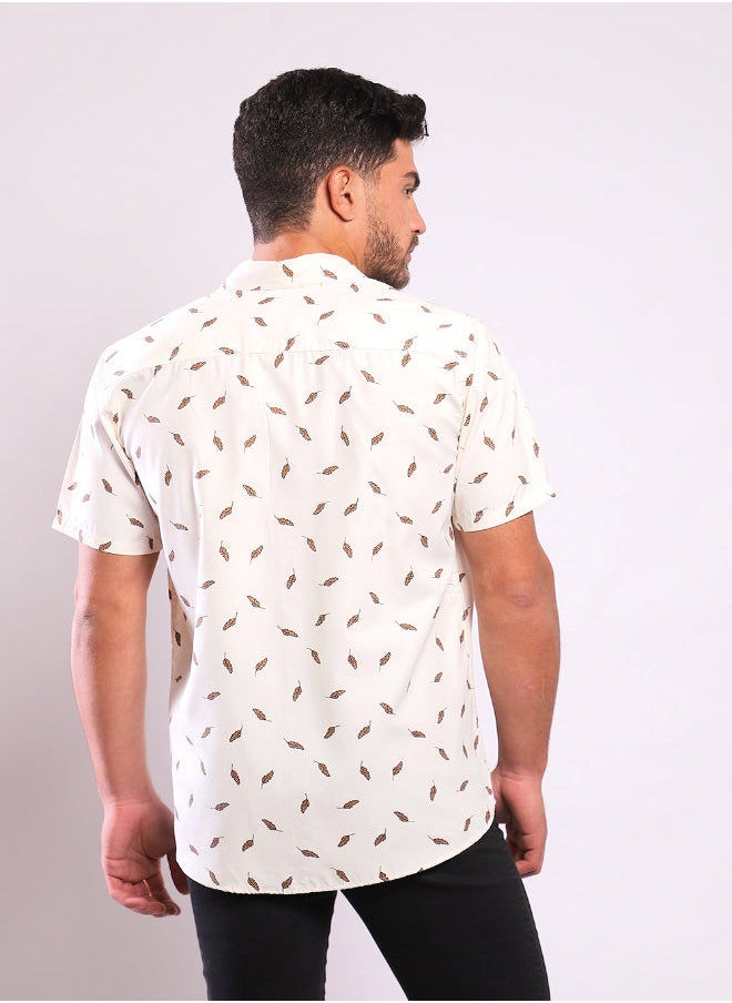 WHITE RABBIT - Brown Leaves Allover Offwhite Short Sleeves Shirt - Image 1