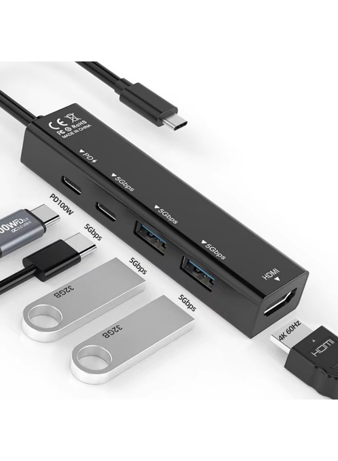 Rocketek 5-in-1 Multi Port USB C Hub Docking Station, Type-C Hub with HDMI 4K 60Hz, USB A USB C 5Gbps Data, PD 100W Fast Charging, Aluminum Portable Dock - Image 1