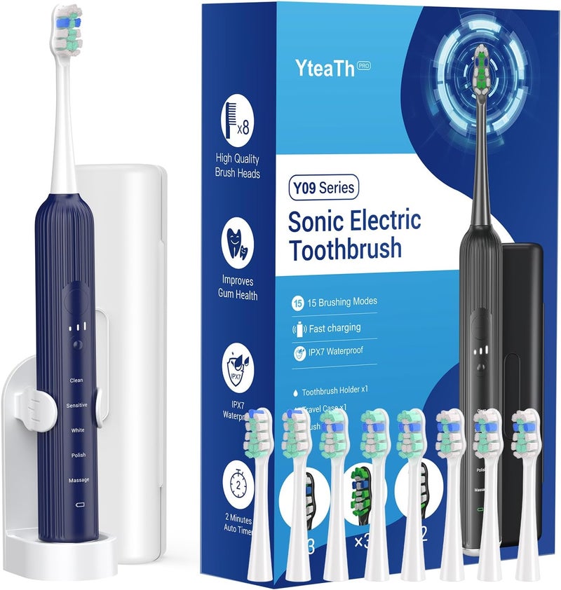 YTEATH PRO Electric Toothbrush, Sonic Electric Toothbrush for Adults with 8 Brush Heads, Rechargeable Sonic Toothbrush with 5 Modes and 3 Intensities, 60 Days of Use - Image 1