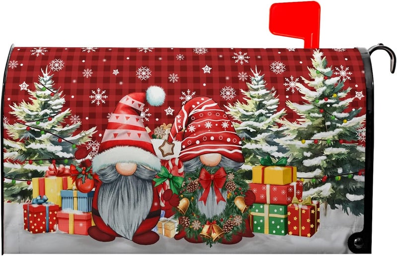 Farg Christmas Winter Gnomes Mailbox Covers Magnetic Buffalo Plaid Xmas Gift Winter Tree Snowflake Mailbox Cover 21" X 18" Waterproof Mail Box Covers Magnetic Standard Size for Yard Home Decor - Image 1