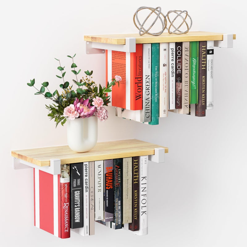 NANATI 2 Set of Floating Bookshelf with White Shelf Brackets Pine Wood Invisible Bookshelf Hanging Bookshelves for Wall Unique Space Saving Wall Bookcase White165L87W15H