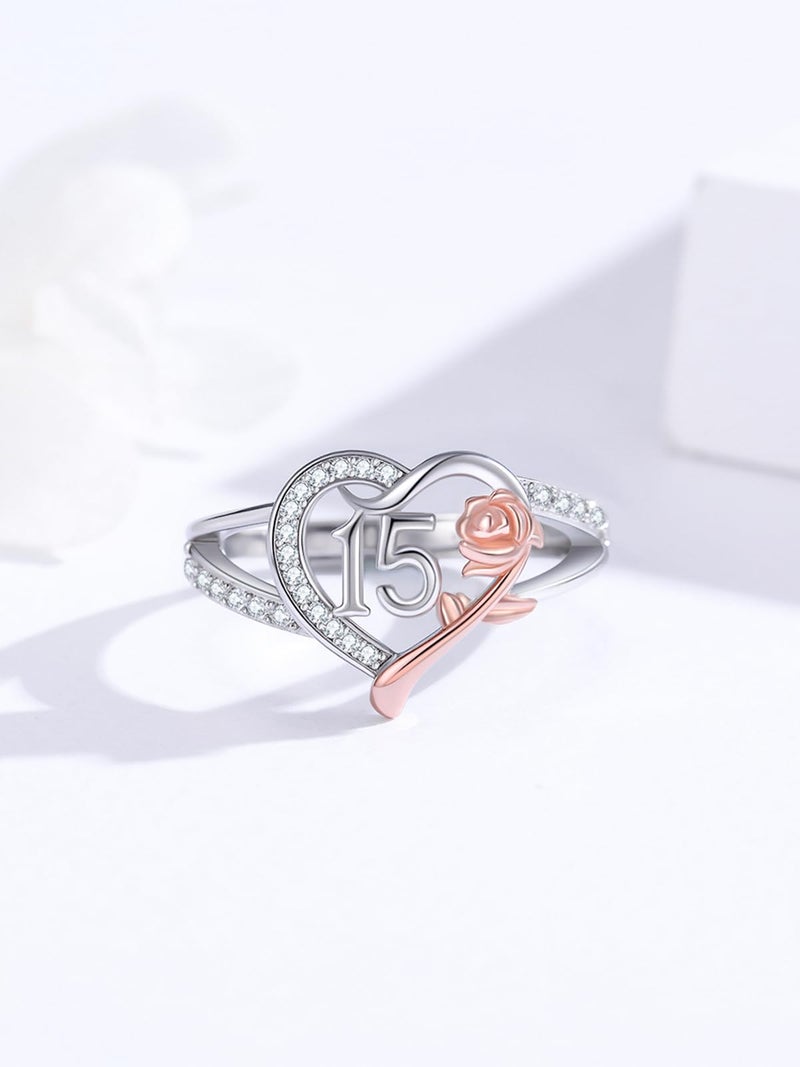 JUSTKIDSTOY 15 Year Old Gifts for Birthday / 15th Quinceanera Gifts 925 Sterling Silver Roseflower Heart Sweet 15th Birthday Adjustable Ring for Daughter Women Sister Jewelry - Image 4