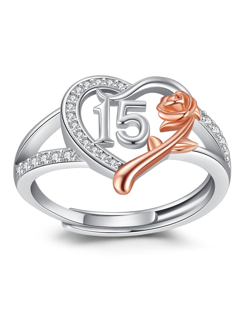 JUSTKIDSTOY 15 Year Old Gifts for Birthday / 15th Quinceanera Gifts 925 Sterling Silver Roseflower Heart Sweet 15th Birthday Adjustable Ring for Daughter Women Sister Jewelry - Image 1