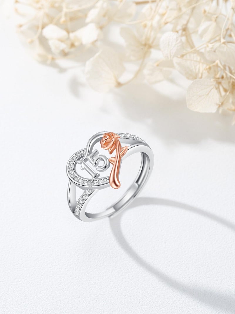 JUSTKIDSTOY 15 Year Old Gifts for Birthday / 15th Quinceanera Gifts 925 Sterling Silver Roseflower Heart Sweet 15th Birthday Adjustable Ring for Daughter Women Sister Jewelry - Image 5
