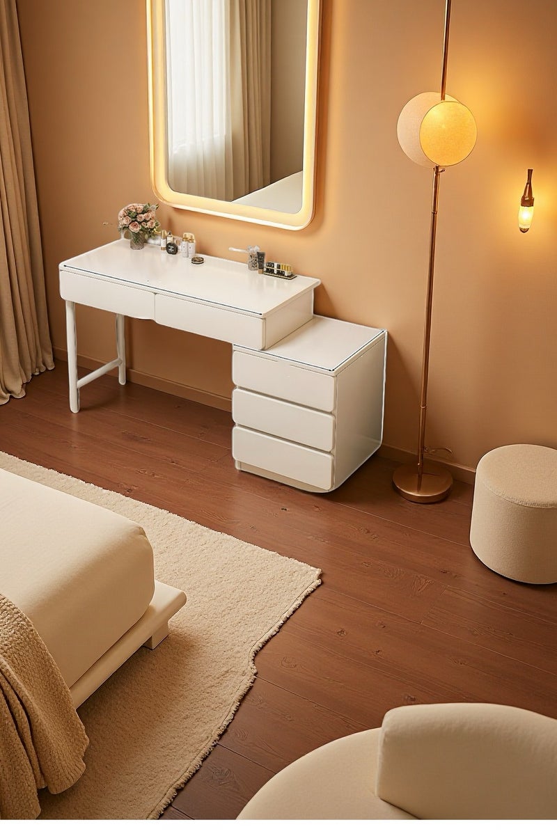 كريم بيضاء غرفة النوم طاولة الغرور، طاولة المكياج مع 5 درجات قابلة للتبادل، قابل للتعديل حجم مكتب الملابس لغرفة النوم للبنات - متعددة الوظائف كطاولة جنب السرير، مكتب الدراسة وجدول التعلم، 100 * 40 * 60 سم (SZY100) - Image 1