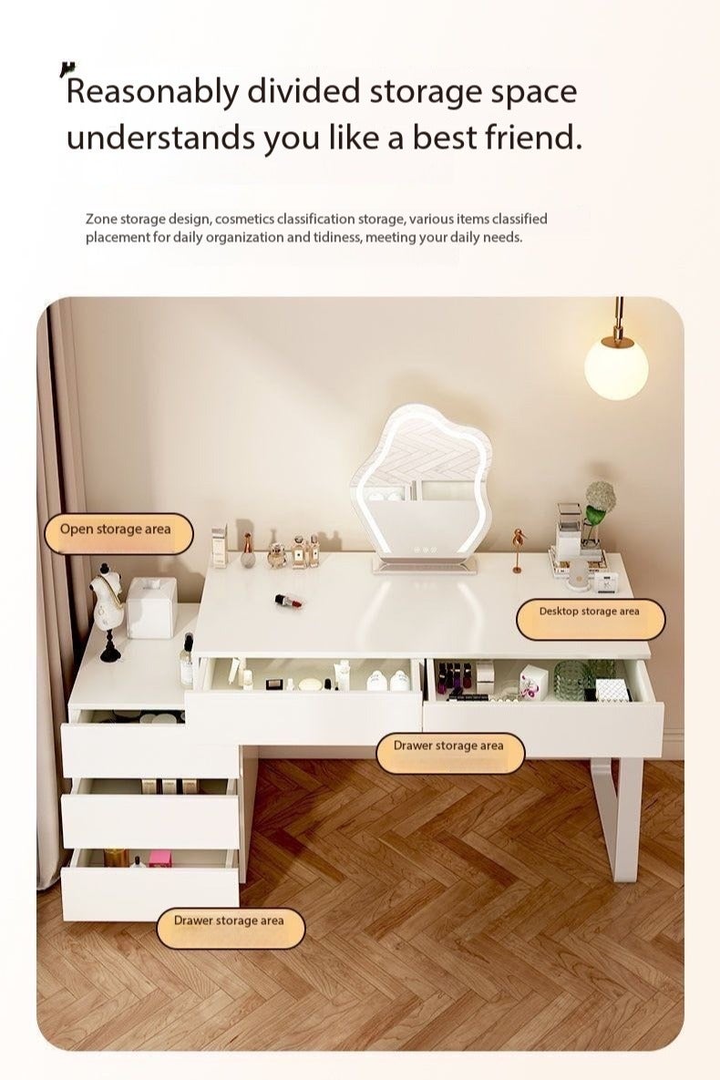 كريم بيضاء غرفة النوم طاولة الغرور، طاولة المكياج مع 5 درجات قابلة للتبادل، قابل للتعديل حجم مكتب الملابس لغرفة النوم للبنات - متعددة الوظائف كطاولة جنب السرير، مكتب الدراسة وجدول التعلم، 100 * 40 * 60 سم (SZY100) - Image 4
