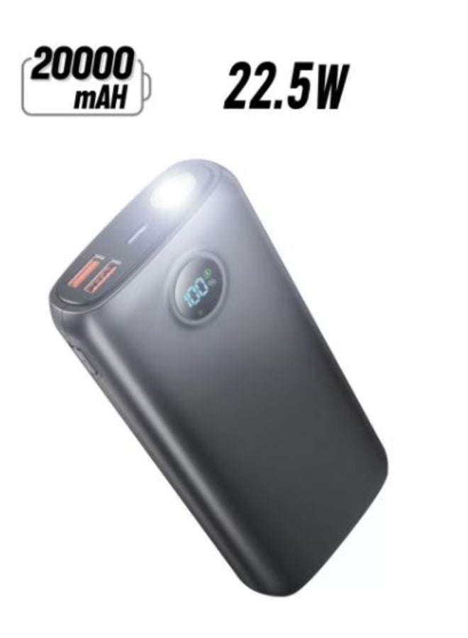 shahin mahmul bisaeat 20000 milali 'ambir, yadeam alshahn alsarie PD biquat 22.5 wat w QC 3.0, muzawad bimisbah yadawiin mudmaj satiea, washashat LED, wamunafidhi USB wamanafadh Type-C - 'aswad - Image 1