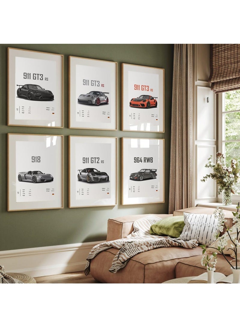 EMODA HOME TROVE 911 GT3RS Car Poster Set of 6 – Racing Car Wall Art Prints – Vintage Sports Car Posters for Men – Unframed 8x12 Inch - Image 3