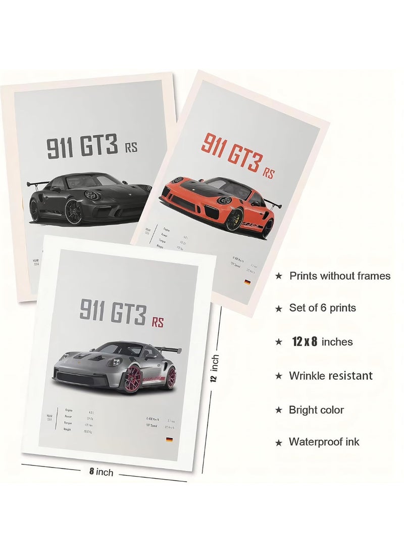 EMODA HOME TROVE 911 GT3RS Car Poster Set of 6 – Racing Car Wall Art Prints – Vintage Sports Car Posters for Men – Unframed 8x12 Inch - Image 2
