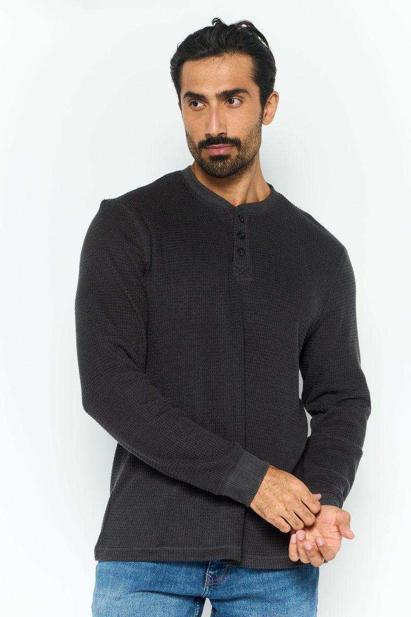 Rainforest Men Henley Neckline Textured Long Sleeves Sweatshirt, Dark Grey - Image 1