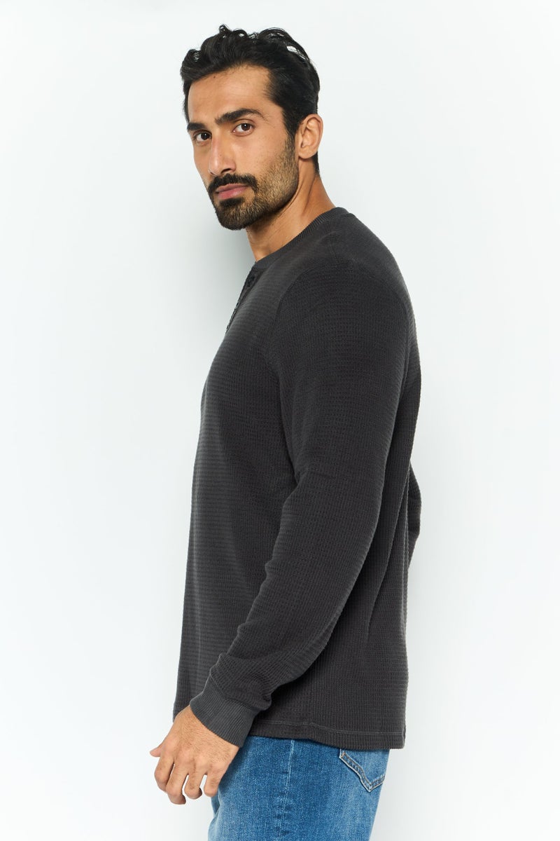 Rainforest Men Henley Neckline Textured Long Sleeves Sweatshirt, Dark Grey - Image 3